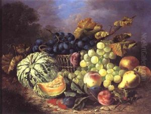 Still Life Of Fruit And A Wicker Basket, On A Bank by Marie Margitson