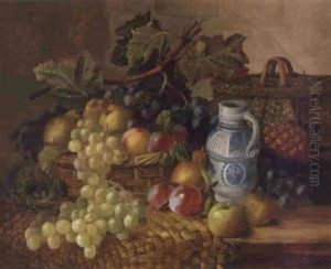 Fruit, Bird's Nest, Stoneware Jug, And Wicker Basket On A Wooden Ledge by Marie Margitson