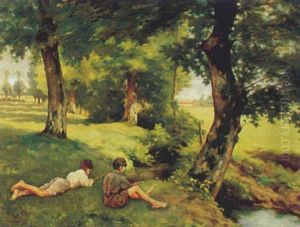 Zwei Angelnde Knaben Am Bach by Lucien Margottet