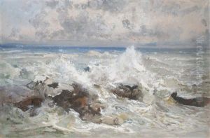 Waves Crashing On The Rocks At Bordighera by Pompeo Mariani