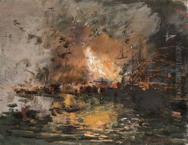 Boat On Fire In A Harbour - view 1