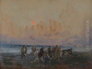 Pescatori Sulla Spiaggia Al Tramonto by Pompeo Mariani
