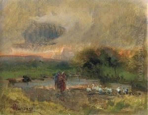 A Wooded River Landscape At Dusk With Women And Geese by Pompeo Mariani