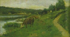 Vaches Au Bord De La Riviere by Adrien Emmanuel Marie