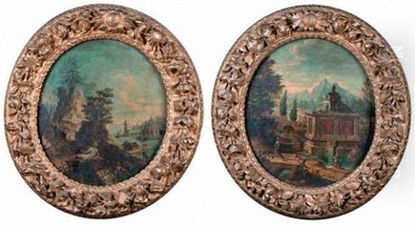 Paysage Au Mausolee Surplombant Une Riviere (+ Paysage Imaginaire Anime De Statues Et Personnages; Pair) - view 1