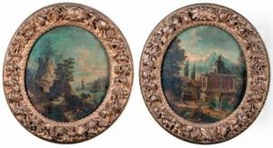Paysage Au Mausolee Surplombant Une Riviere (+ Paysage Imaginaire Anime De Statues Et Personnages; Pair)
