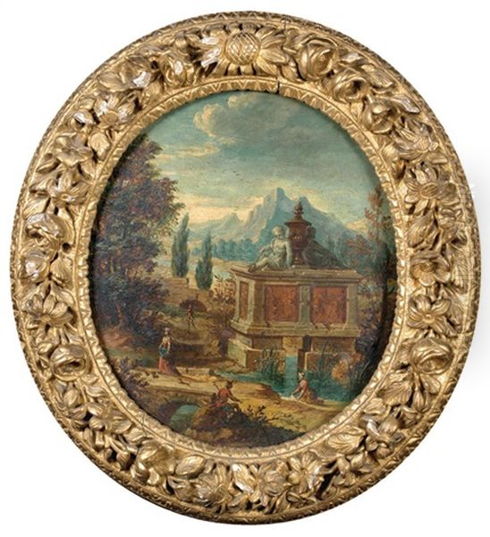 Paysage Au Mausolee Surplombant Une Riviere (+ Paysage Imaginaire Anime De Statues Et Personnages; Pair) - view 1