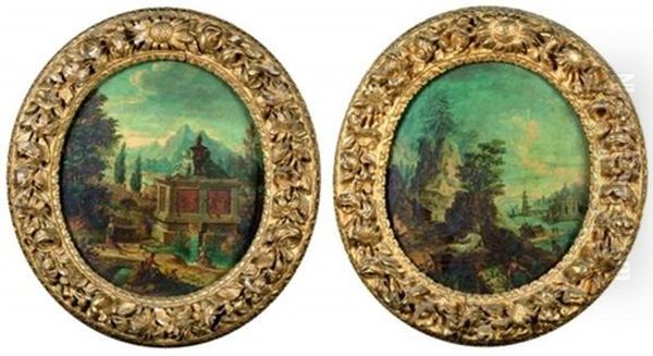 Paysage Au Mausolee Surplombant Une Riviere (+ Paysage Imaginaire Anime De Statues Et Personnages; Pair) - view 1
