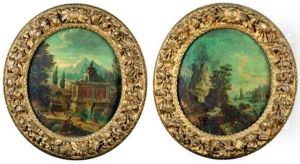 Paysage Au Mausolee Surplombant Une Riviere (+ Paysage Imaginaire Anime De Statues Et Personnages; Pair)