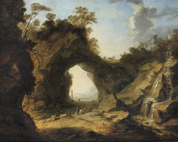 A Rocky Landscape With Soldiers Near A Waterfall - view 1
