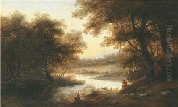 A Wooded River Landscape With A Shepherd And His Flock - view 1