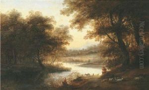 A Wooded River Landscape With A Shepherd And His Flock by Aert Jansz Marienhof