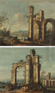 Personnages Dans Des Ruines Antiques (pair) by Jacopo di Paolo Marieschi
