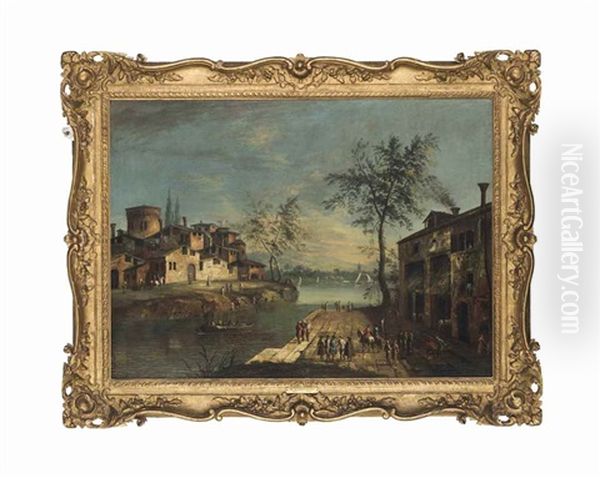 A Harbour Scene With Figures Conversing On A Quay, With A Village And Mountains Beyond - view 1