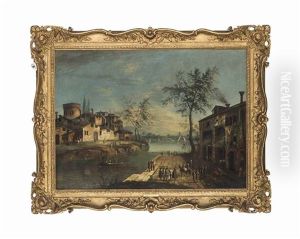 A Harbour Scene With Figures Conversing On A Quay, With A Village And Mountains Beyond