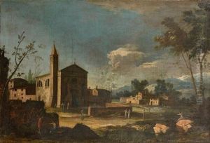Ruine De Temple Antique Et Arc Au Bord De La Mer; Eglise Et Personnages Dans La Campagne (2 Works) by Michele Marieschi