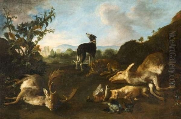 Couple De Chiens Au Milieu D'une Nature Morte De Gibier - view 1