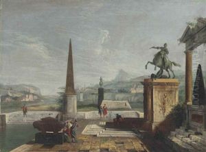 An Architectural Capriccio With Equestrian Monuments And An Obelisk, With Figures Resting By A Pool And Mountains And Villages Beyond