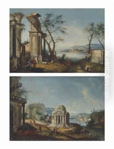A Capriccio Of Classical Ruins With Travellers And Goats By A River, A Town Beyond; And An Architectural Capriccio With A Temple And Elegantly Dressed Figures By A River by Michele Marieschi