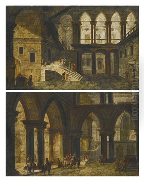 Architectural Fantasy With A Staircase In A Courtyard; Architectural Fantasy With Double Height Gothic Arches (pair) - view 1