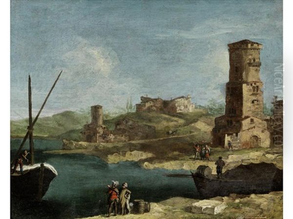 A Capriccio Of A Lagoon Landscape With Figures Standing On The Shore - view 1