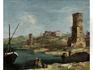 A Capriccio Of A Lagoon Landscape With Figures Standing On The Shore by Michele Marieschi