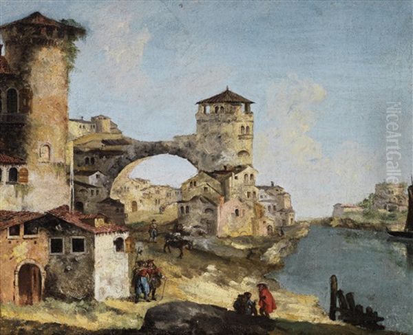 An Architectural Capriccio With Figures Before A River - view 1