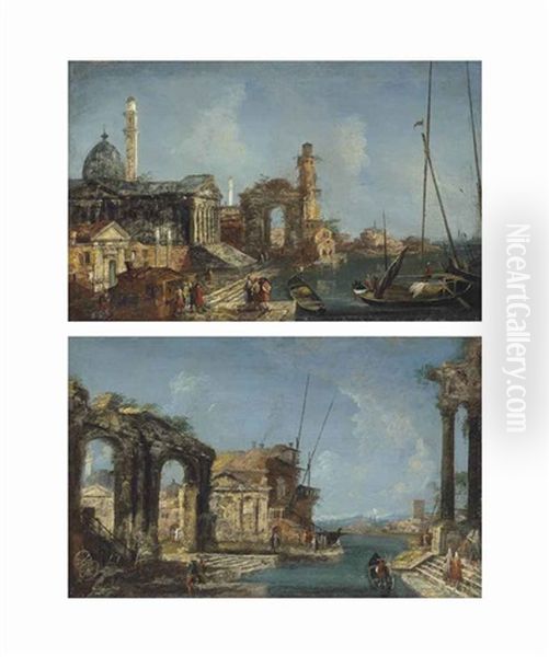 A Capriccio With A Palladian Church, A Roman Thriumphal Arch And Figures Conversing By A Canal; A Capriccio Of Roman Ruins, With Figures...(pair) - view 1