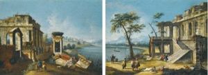 A River Landscape With A Capriccio View Of Classical Ruins With Figures On A Path (+ A Lacustrine Landscape With A Capriccio Of A Classical Building, Elegant Figures Conversing In The Foreground; Pair) by Michele Marieschi