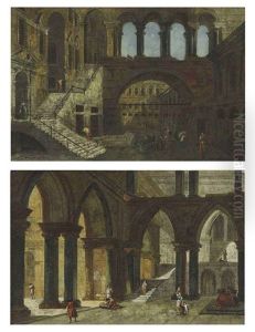 Architectural Fantasy With A Staircase In An Open Courtyard(+ Architectural Fantasy With Gothic Arches, 2 Works) by Michele Marieschi