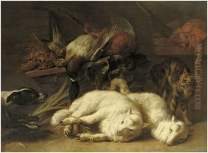 Game Including A Duck And A Grouse On A Wooden Ledge With Two Tied Up Lambs, A Hound And A Cat Nearby by Nicasius Bernaerts