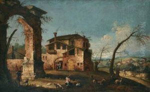 Capriccio Con Arco Classico In Rovina E Case Rustiche (capriccio Con Arco Trionfale Classico, Case Rustiche E Fontana; 2 Works) by Michele Marieschi