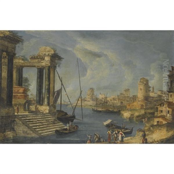 An Architectural Capriccio Of The Venetian Lagoon With Washerwomen In The Foreground - view 1