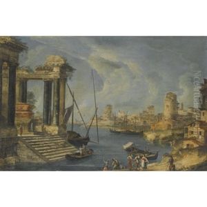 An Architectural Capriccio Of The Venetian Lagoon With Washerwomen In The Foreground