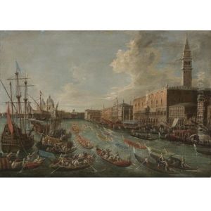 The Ducal Palace Seen From The Bacino, Venice With A Procession Of Gondolas by Michele Marieschi