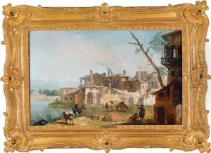 Capriccio Mit Einem An Einem Fluss Gelegenen Dorf, Im Vordergrund Pferde Capriccio Mit Einem An Einem Fluss Gelegenen Dorf, Im Vordergrund Pferde