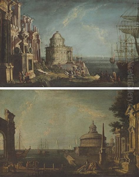 A Capriccio With A Temple And Elegant Figures By A Harbor (+ A Capriccio With The Mausoleum Of Hadrian And An Obelisk With Figures On A Quay; Pair) - view 1