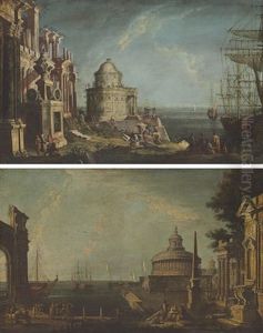 A Capriccio With A Temple And Elegant Figures By A Harbor (+ A Capriccio With The Mausoleum Of Hadrian And An Obelisk With Figures On A Quay; Pair)