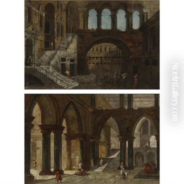 Architectural Fantasy With Gothic Arches (+ Architectural Fantasy With A Staircase In An Open Courtyard; Pair) - view 1