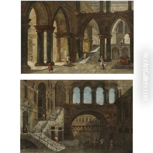 Architectural Fantasy With Gothic Arches (+ Architectural Fantasy With A Staircase In An Open Courtyard; Pair) - view 1