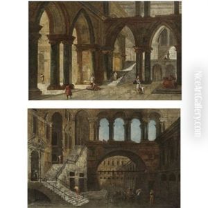 Architectural Fantasy With Gothic Arches (+ Architectural Fantasy With A Staircase In An Open Courtyard; Pair) by Michele Marieschi