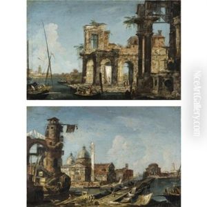 Capriccio Architettonico Con Porticato E Figure Su Imbarcazioni (+ Capriccio Architettonico Con Chiesa Palladiana Con Cupole E Torre; Pair)