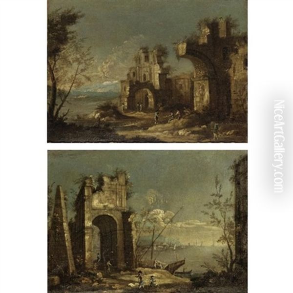 Capriccio Scenes Of The Venetian Laguna With Figures Before Classical Ruins (pair) - view 1