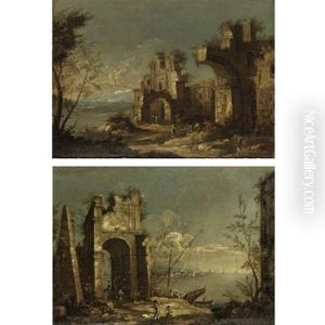 Capriccio Scenes Of The Venetian Laguna With Figures Before Classical Ruins (pair) by Michele Marieschi