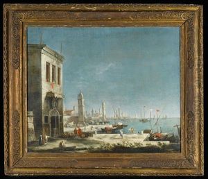 A Venetian Capriccio With Figures On The Quay In The Forground And Shipping Beyond