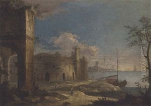 A Capriccio Of A Coastal Landscape With Ruins And Figures by Michele Marieschi