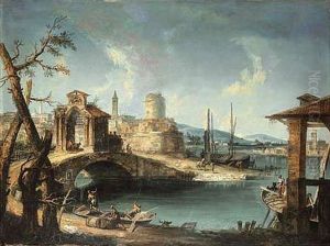 A Capriccio Of A Mediterranean Coastal Town With Fishermen By A Bridge by Michele Marieschi