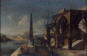 An Architectural Capriccio With A Gothic Portico And An Obelisk