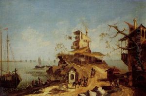 A Capriccio Of The Venetian Lagoon With Travellers Making Their Way To An Inn, Sailing Ships Beyond
