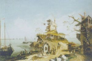 A Capriccio Of The Venetian Lagoon, With Sailors Unloading Goods And Travellers On A Path
